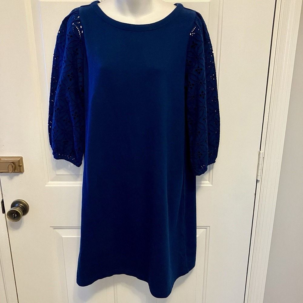 J Jill Size Small Blue Jersey Knit Eyelet Embroidered Sleeve Dress Women's